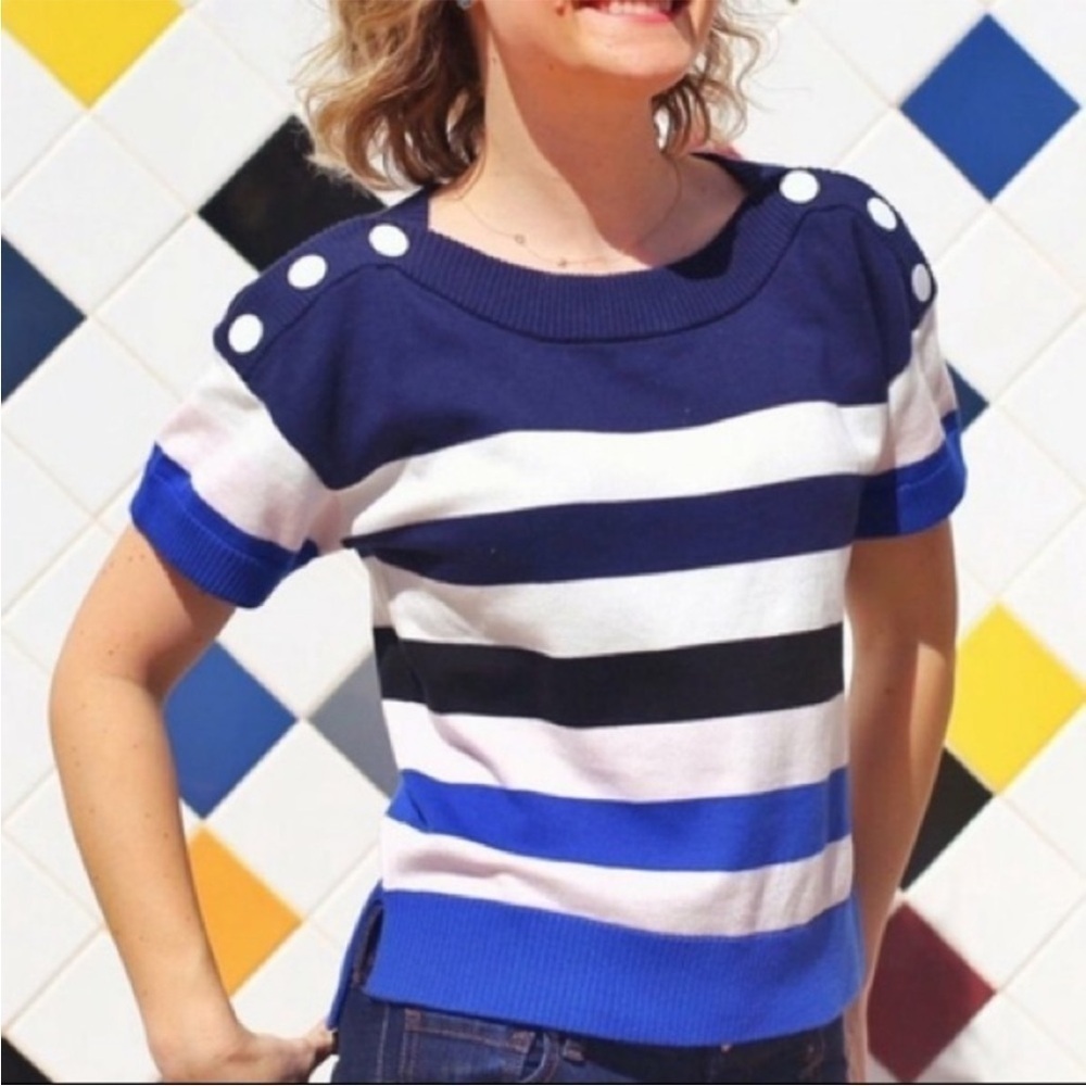 Cabi Sailor Pullover #5448 blue white and pink stripes with white buttons NWT